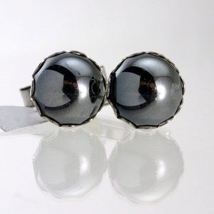 Retro Hematite Cufflinks with Gold Tone Framing Wedding Cuff Links